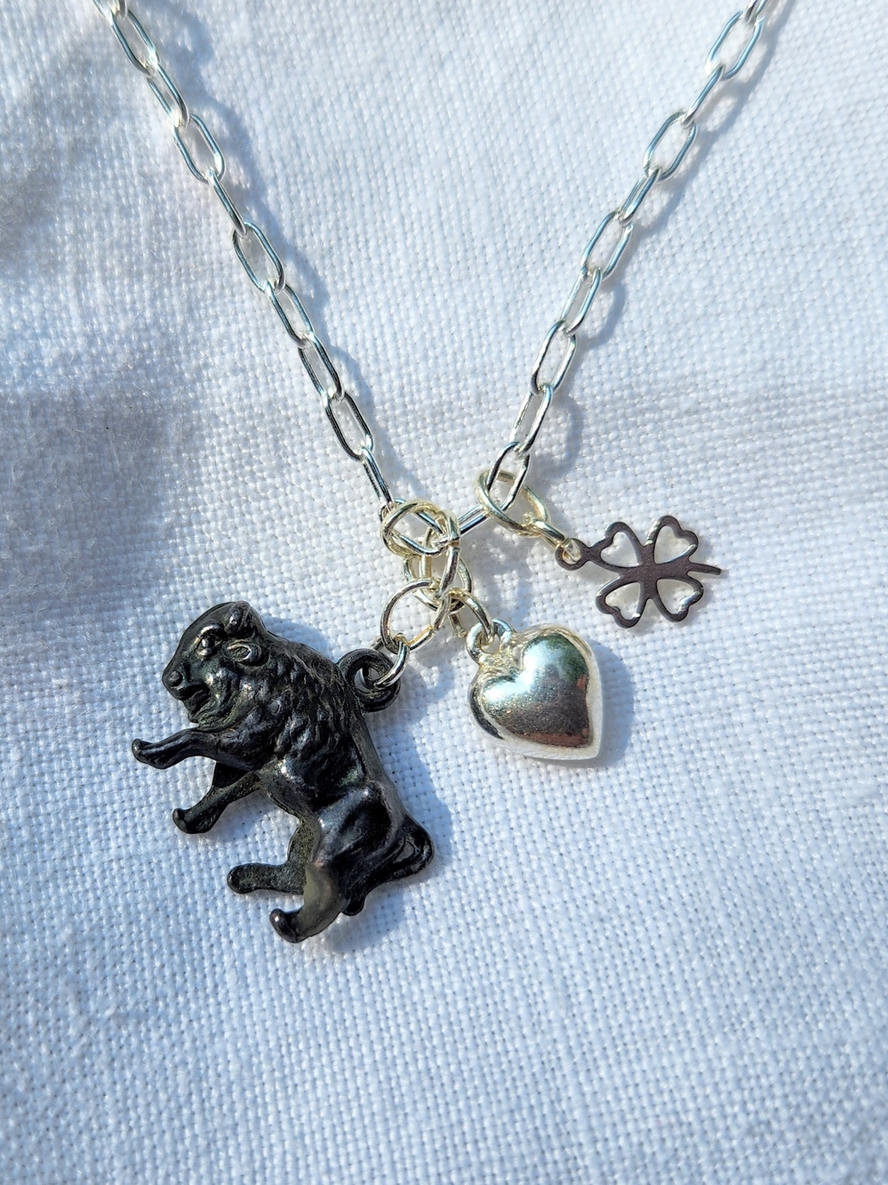 Lion Charm Necklace with Heart and Clover Charms - Silver & Black